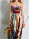 Multicolor Pleated Strapless Maxi Evening Dress