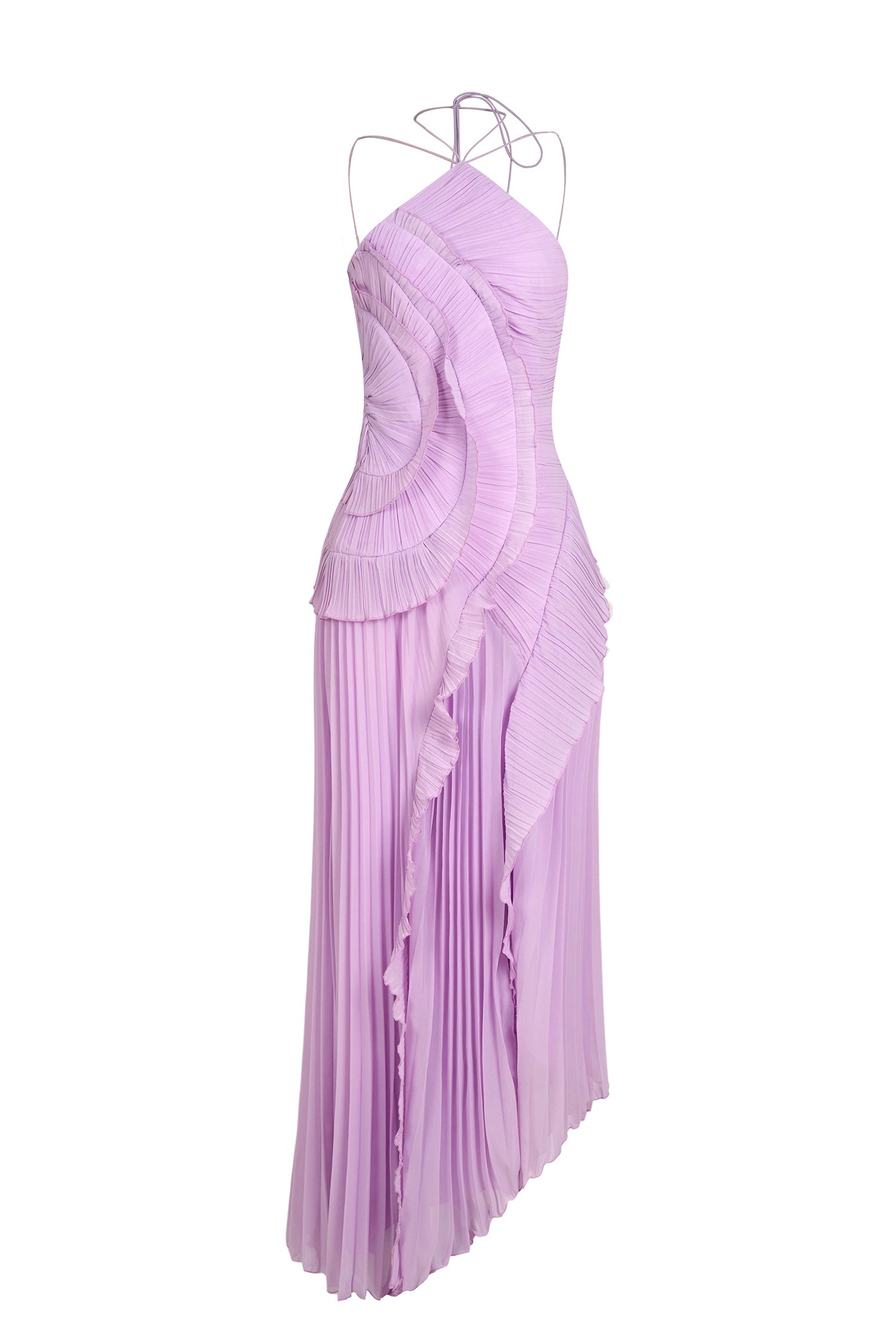 Lavender Ruffle Halter Neck Pleated Maxi Dress