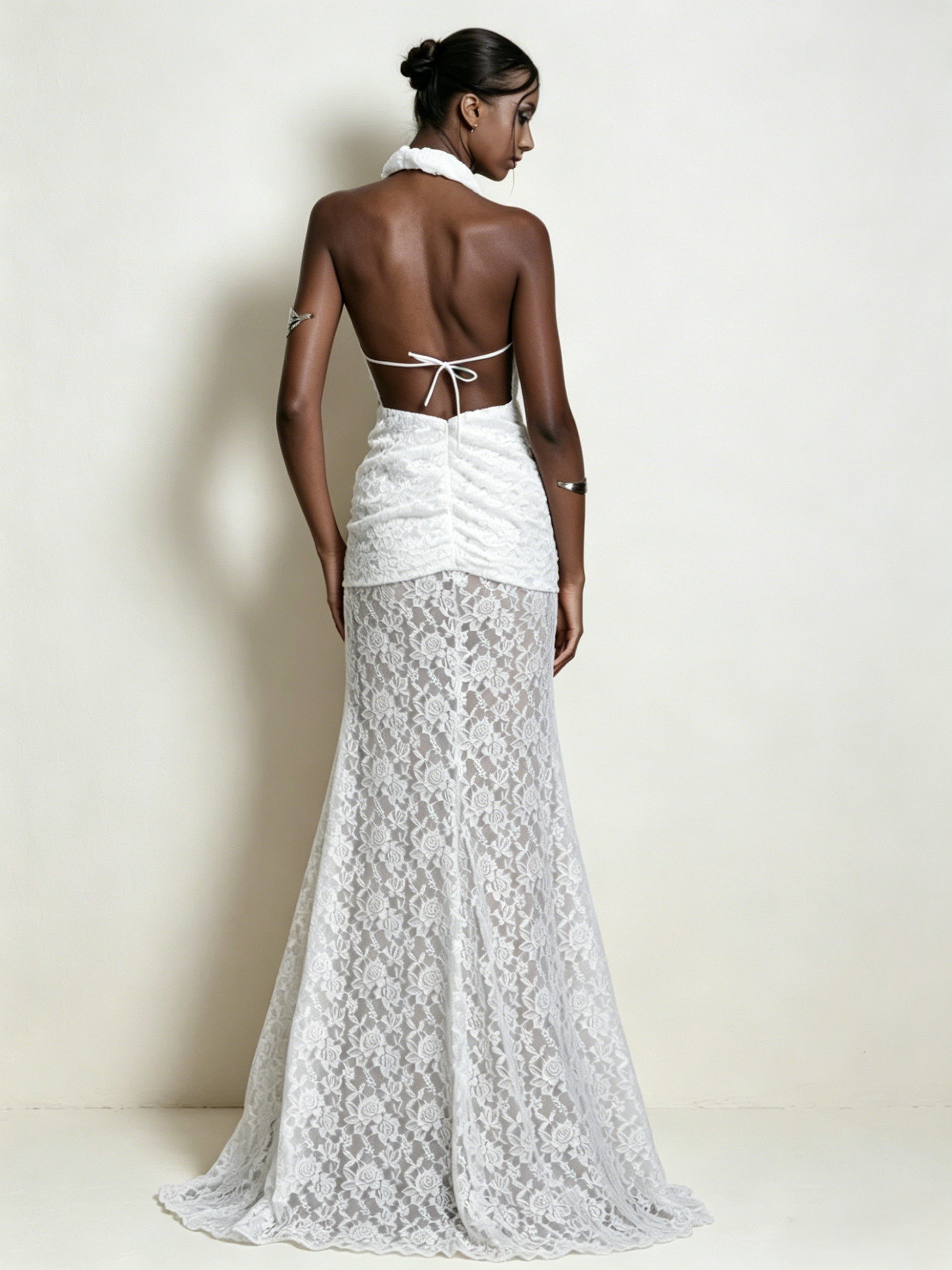 Plunging V-Neck Sheer Floor Length Bridal Gown