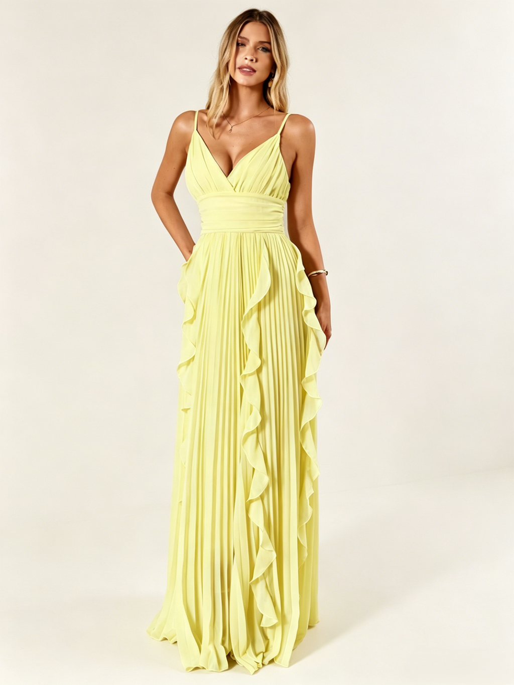 V Neck Yellow Flowy Chiffon Maxi Dress