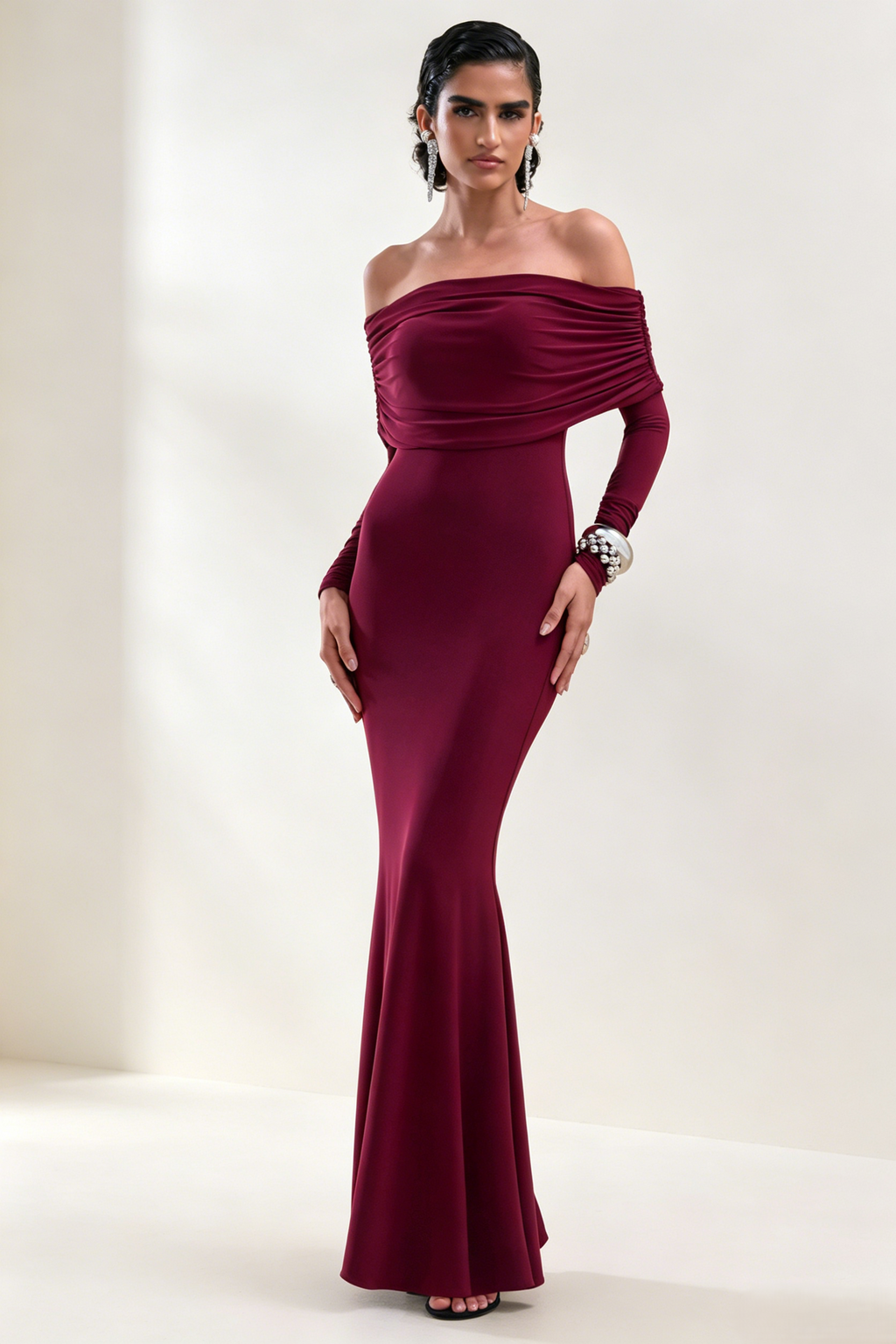 Burgundy Off-The-Shoulder Long Sleeve Dress