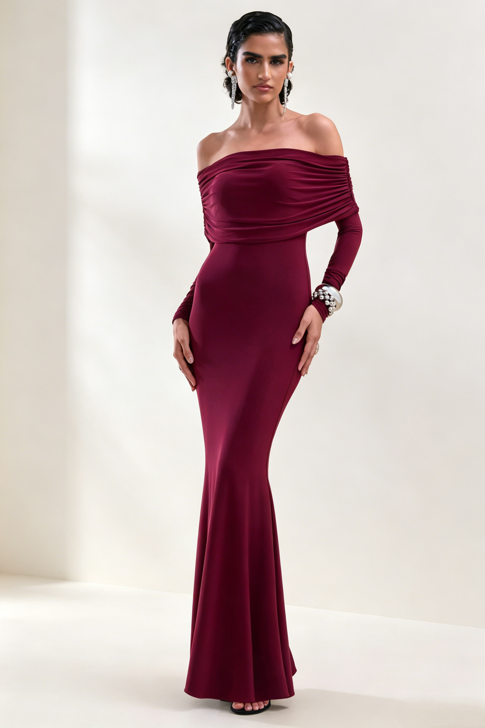 Burgundy Off-The-Shoulder Long Sleeve Dress