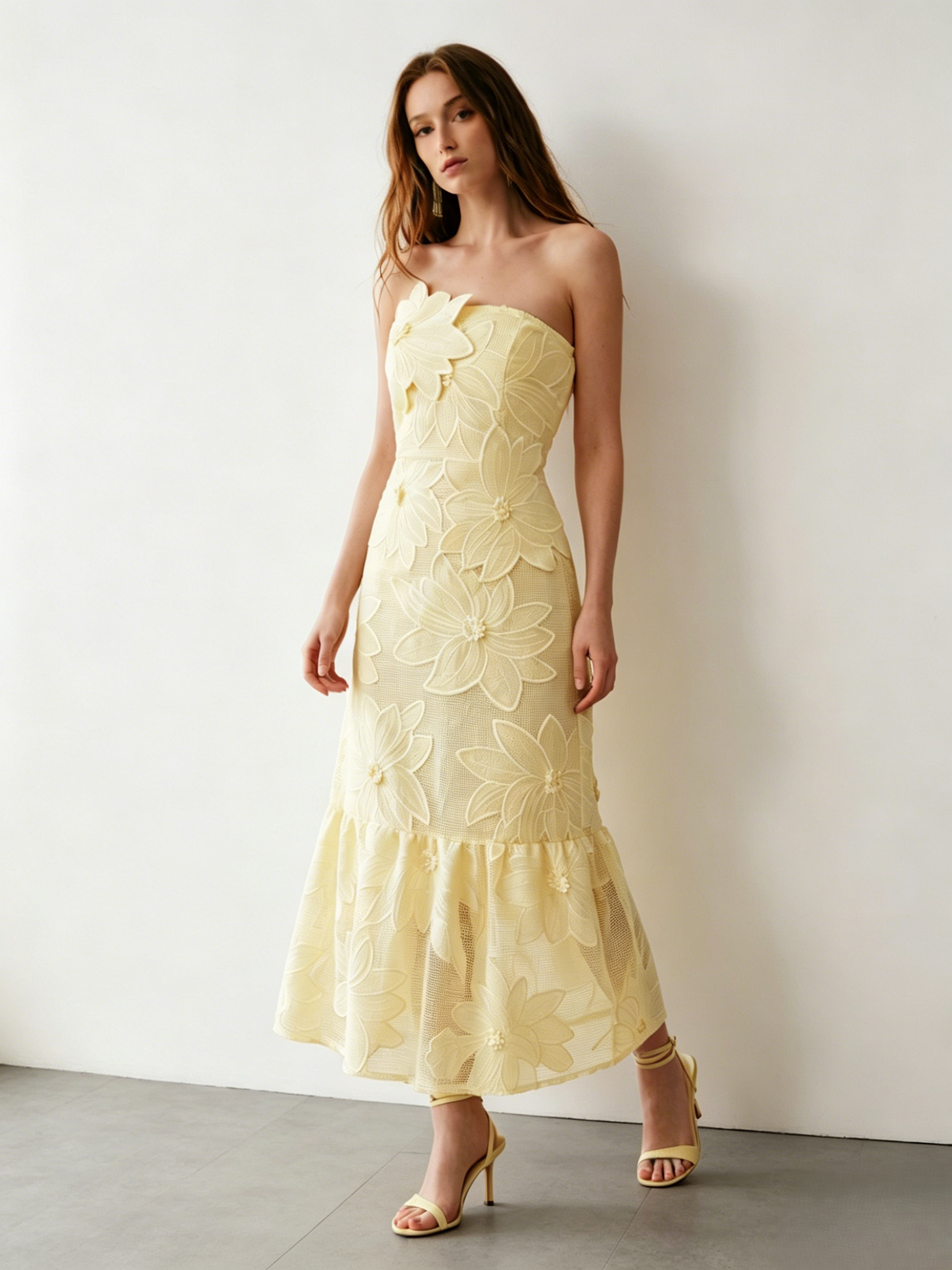 3D Flower Embroidery Lace Midi Gown