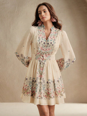 Women Beige Floral Print Mini Dress