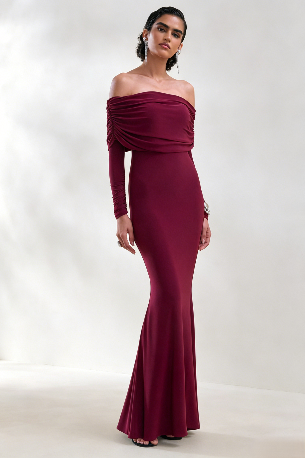 Burgundy Off-The-Shoulder Long Sleeve Dress
