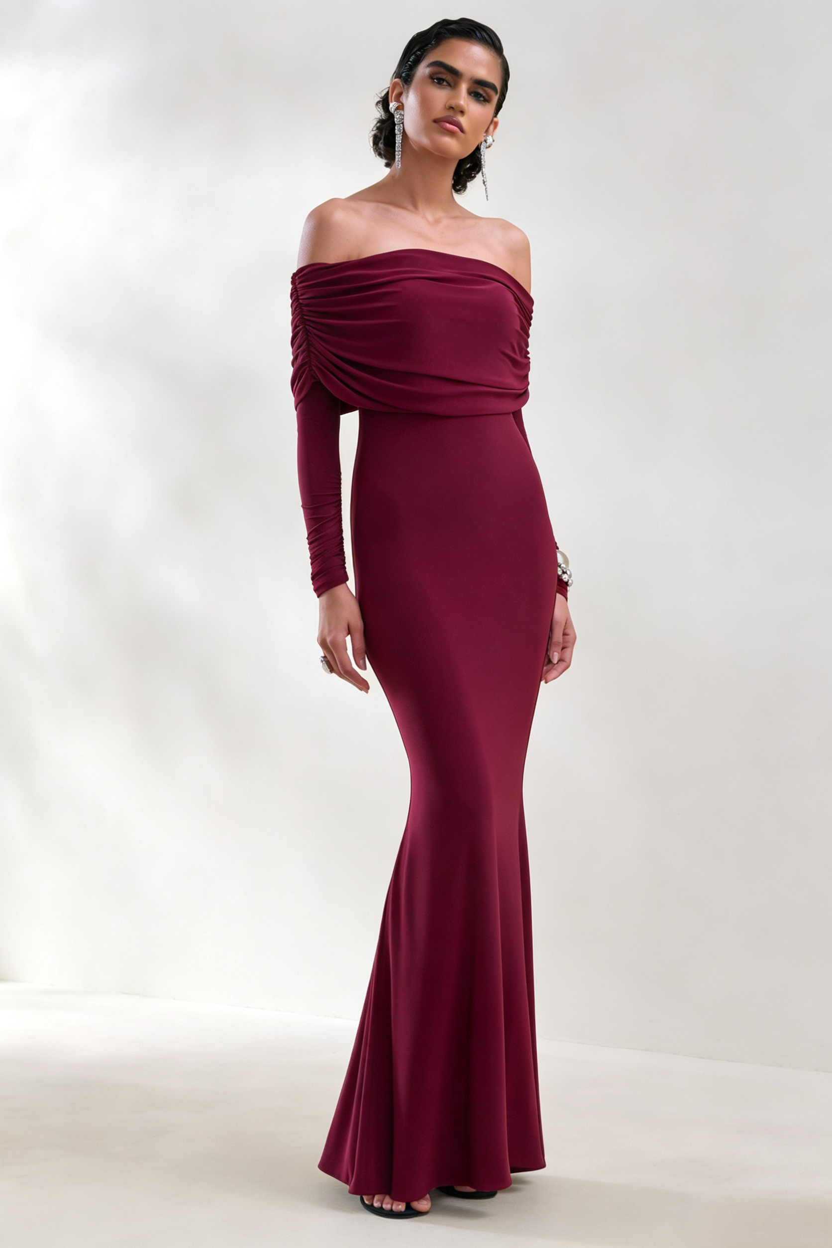 Burgundy Off-The-Shoulder Long Sleeve Dress