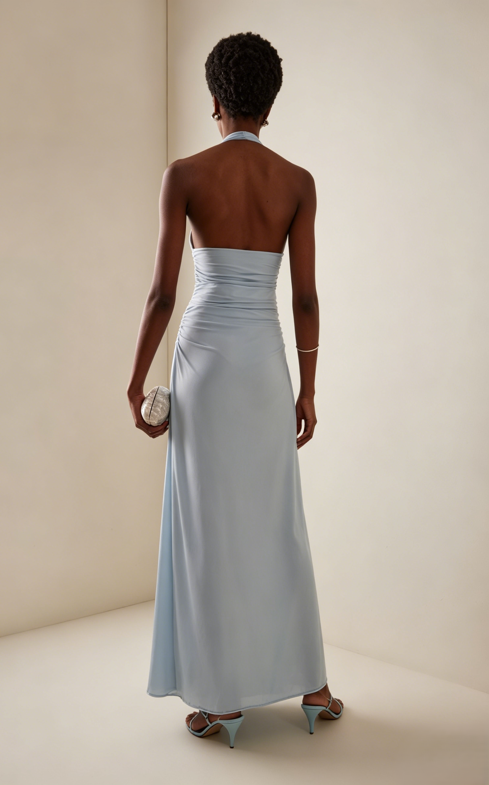 Light Blue Halter Neck Maxi Dress with 3D Flower Detail