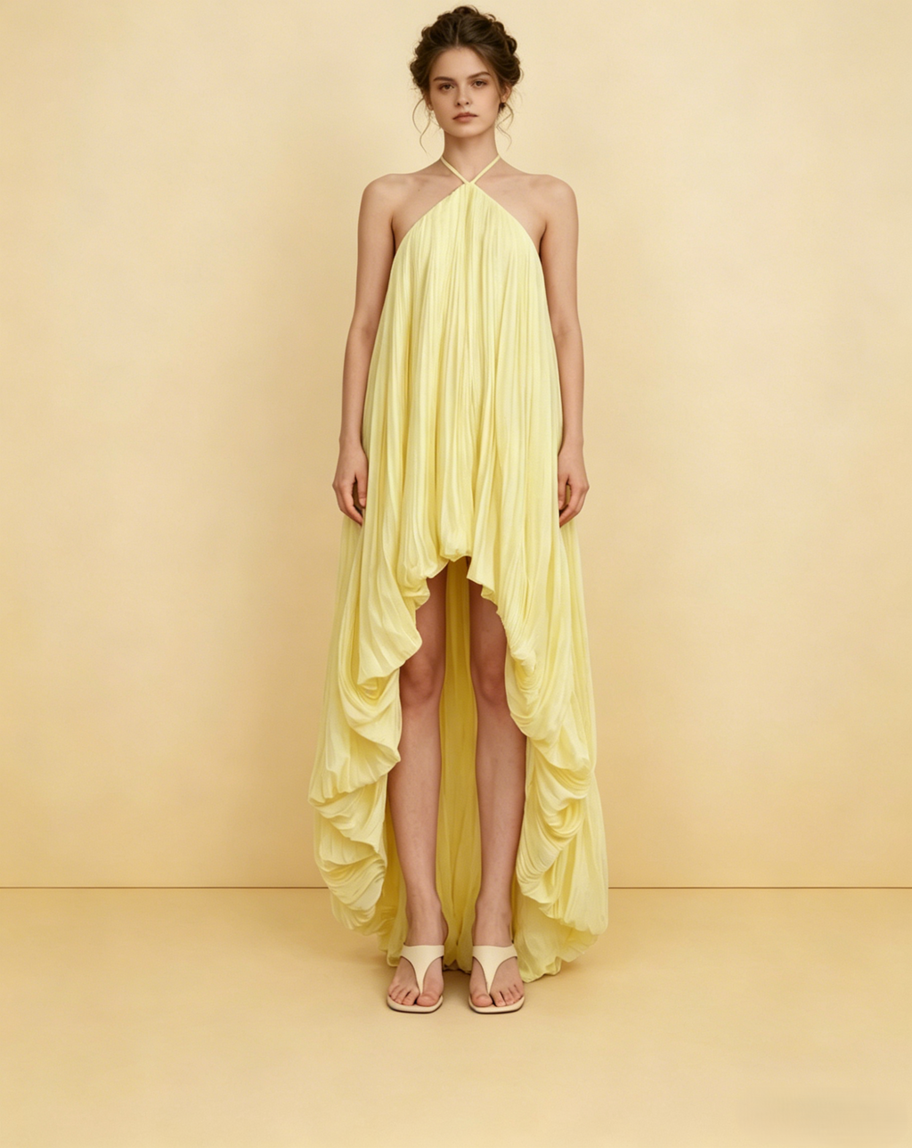 Yellow Asymmetrical  Pleated Maxi Dress