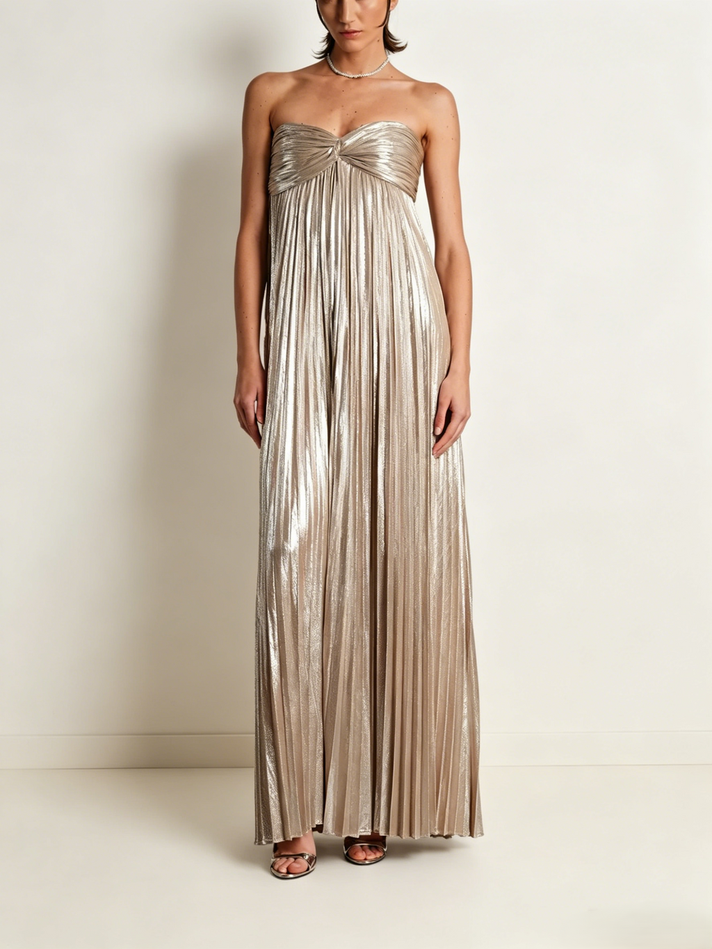 Metallic Pleated Strapless Maxi Dress