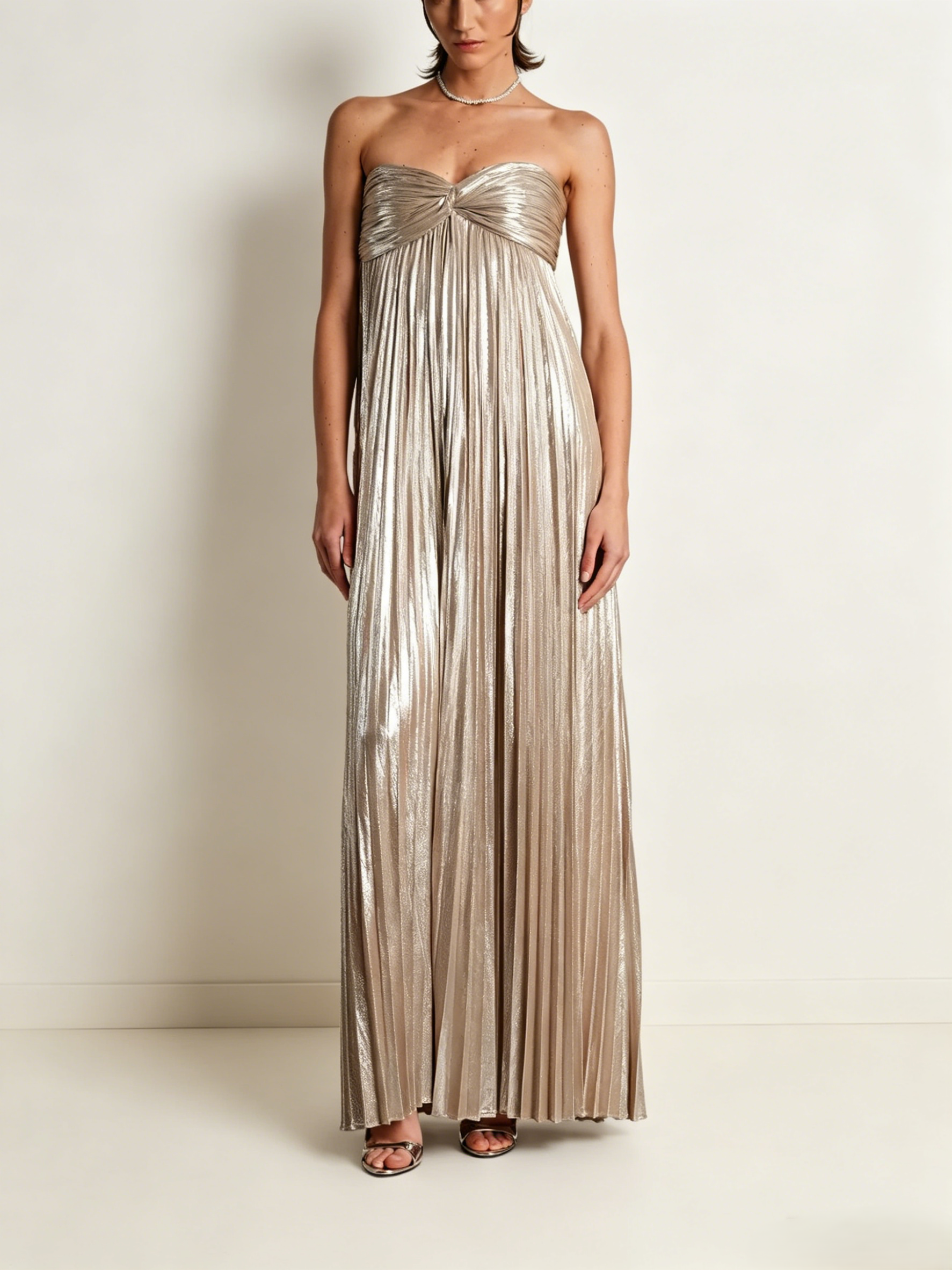 Metallic Pleated Strapless Maxi Dress