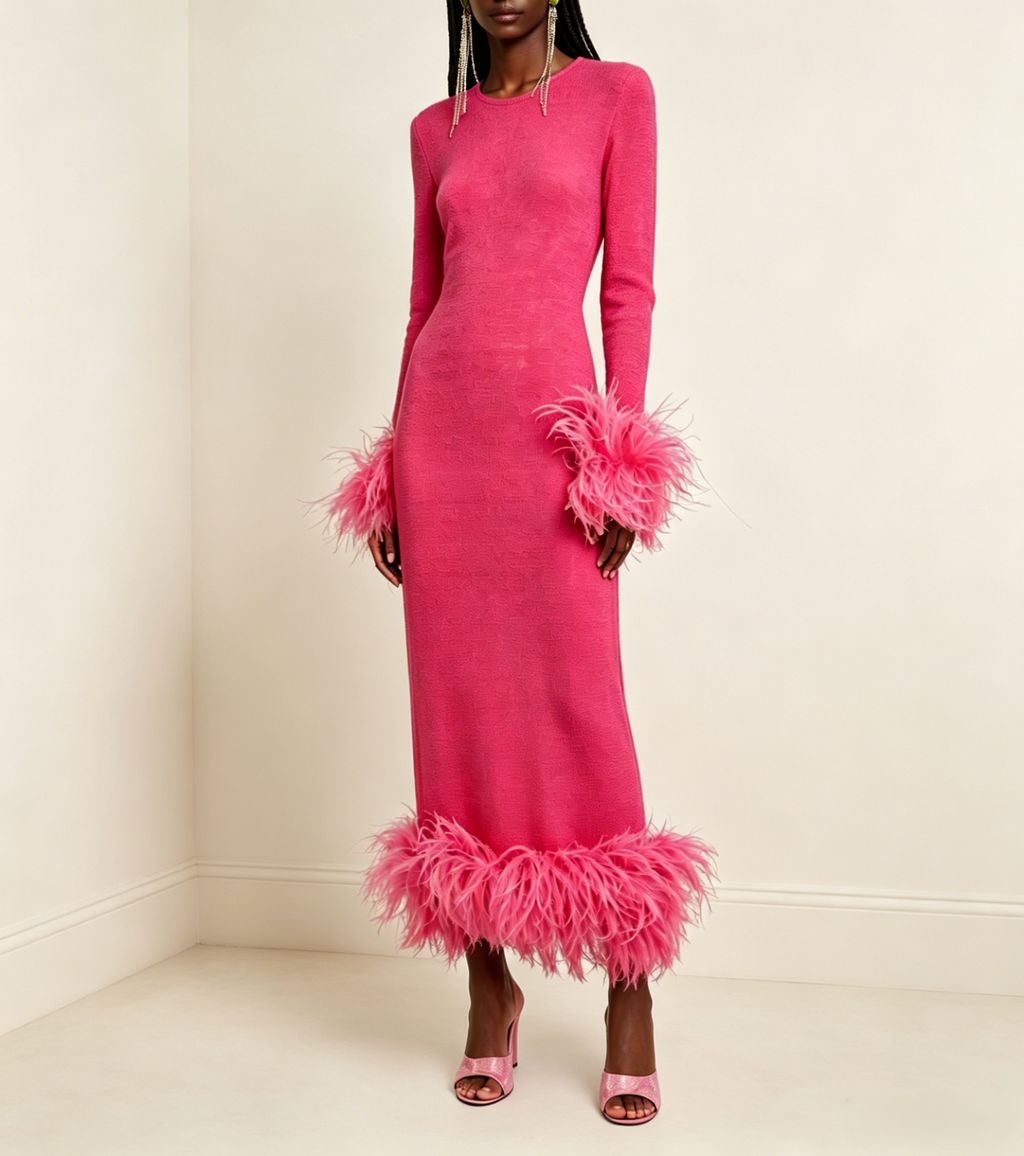 Hot Pink Feather Trim Midi Dress