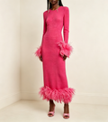 Hot Pink Feather Trim Midi Dress