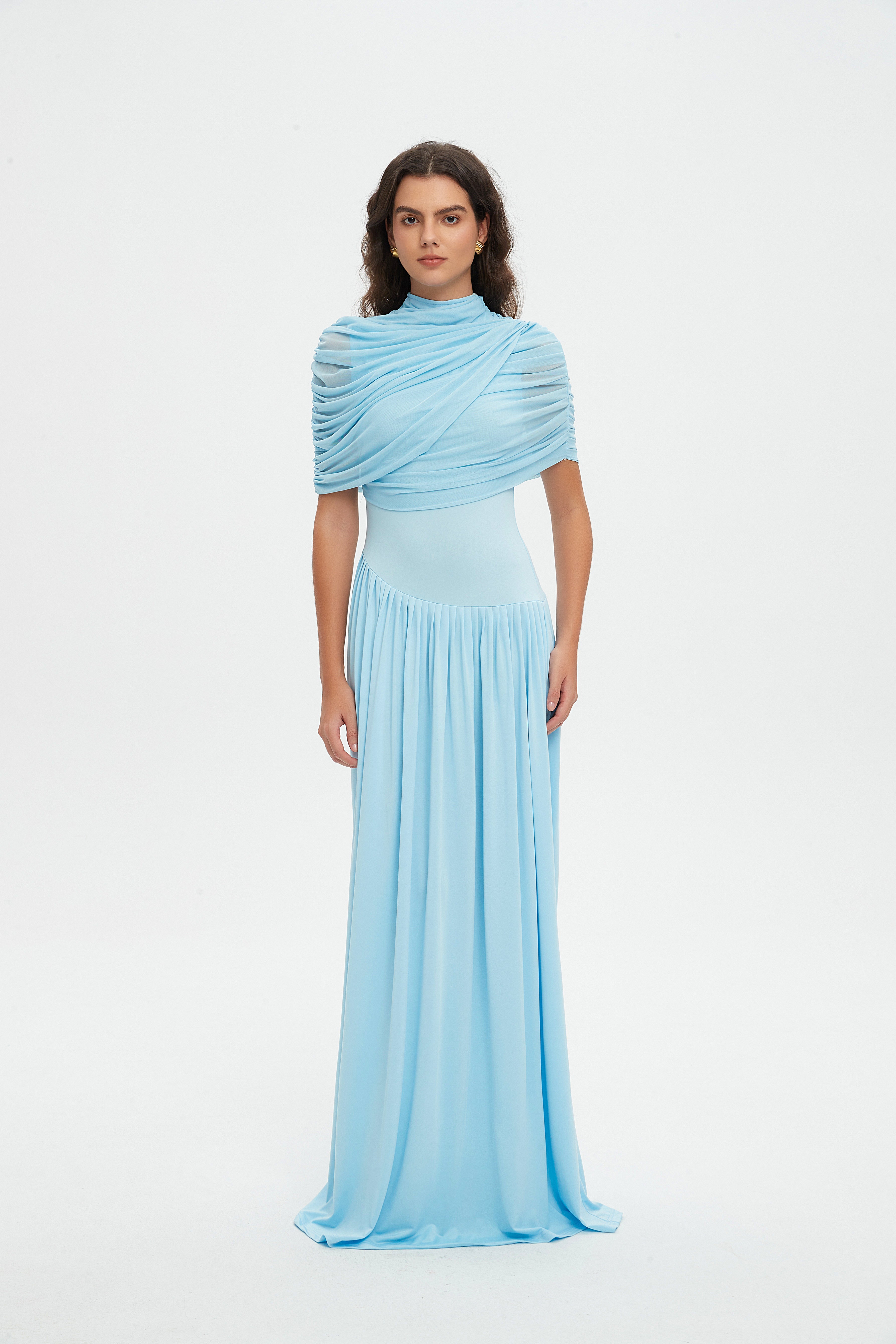 Luxury Light Blue Draped Evening Gown