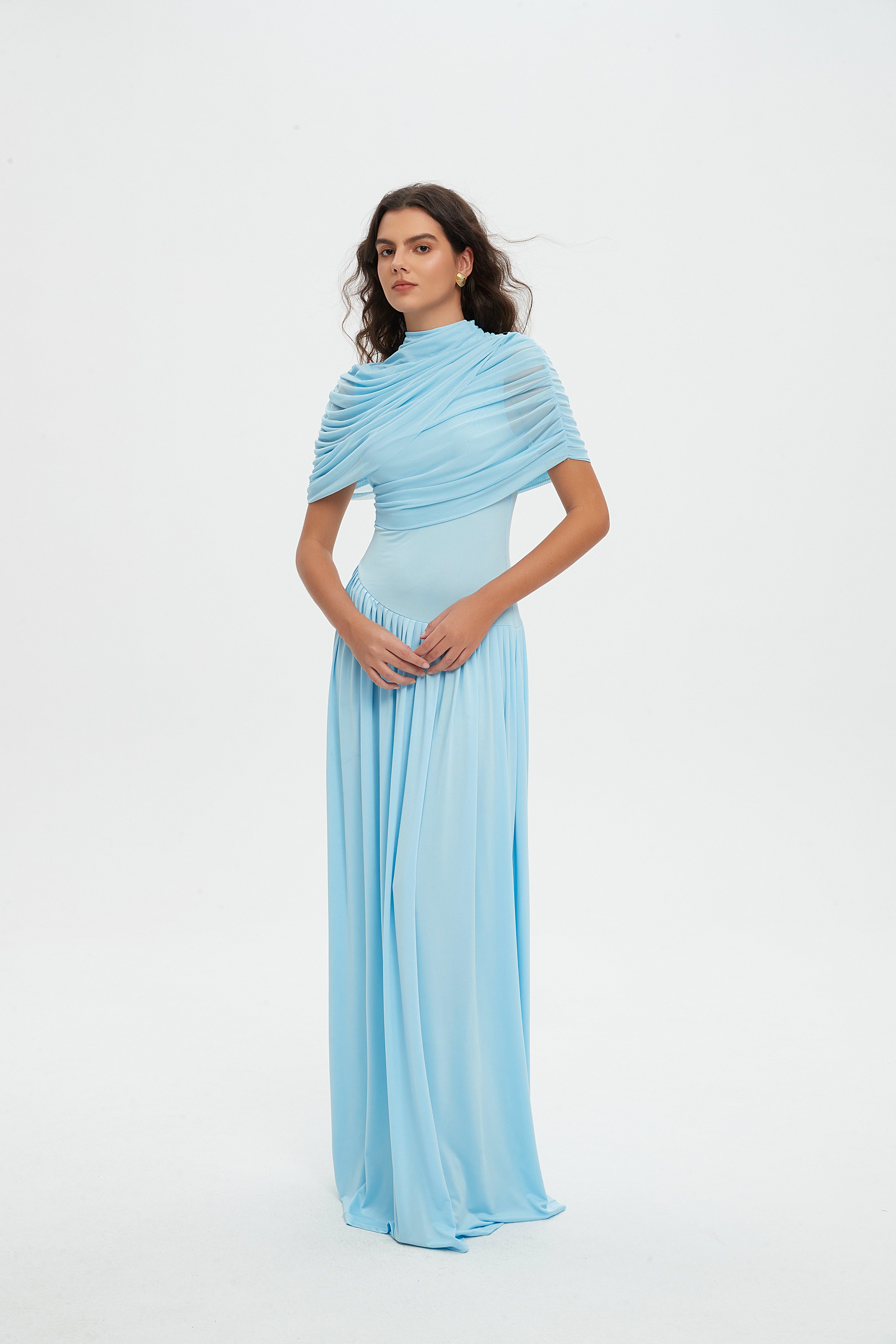 Luxury Light Blue Draped Evening Gown