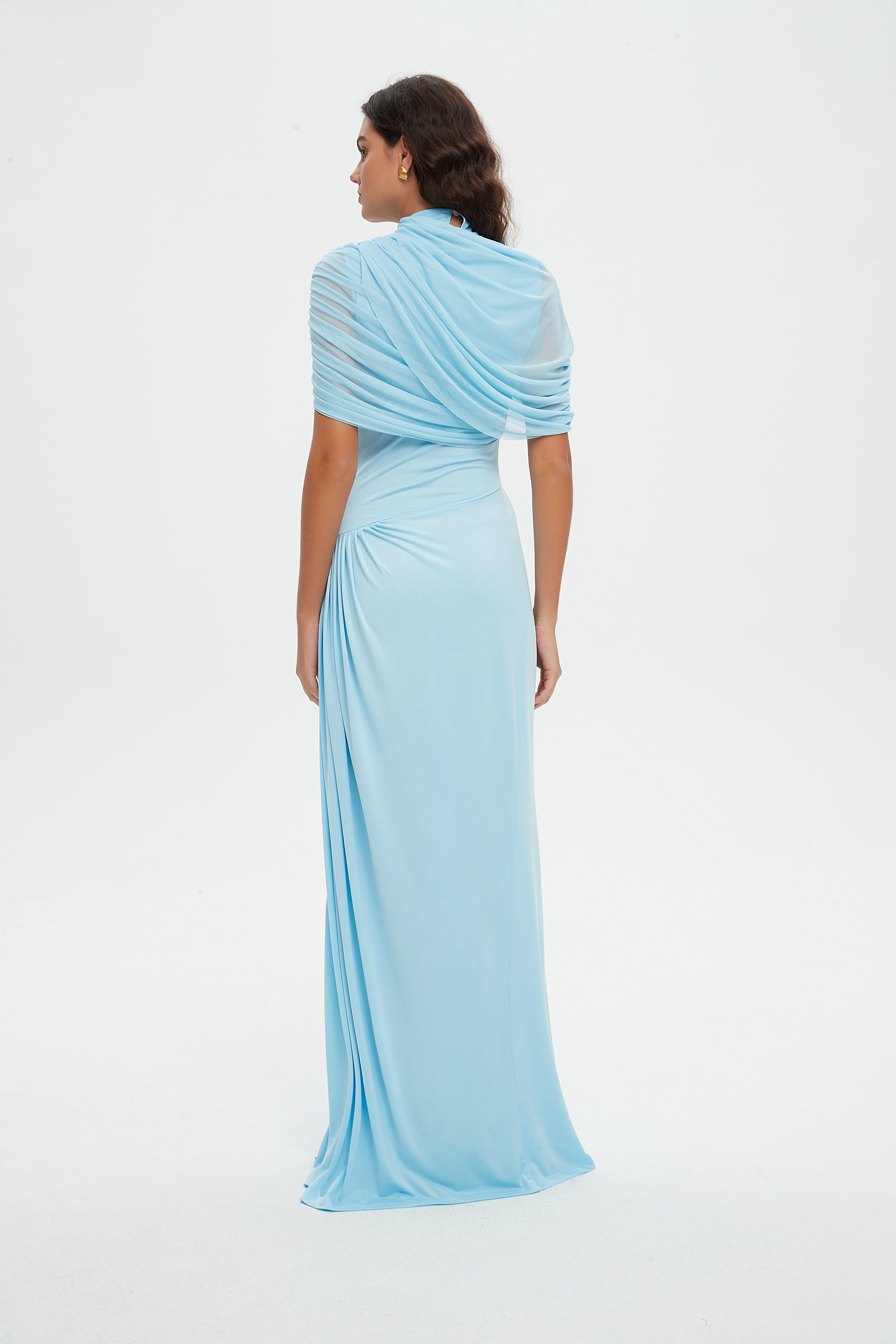 Luxury Light Blue Draped Evening Gown