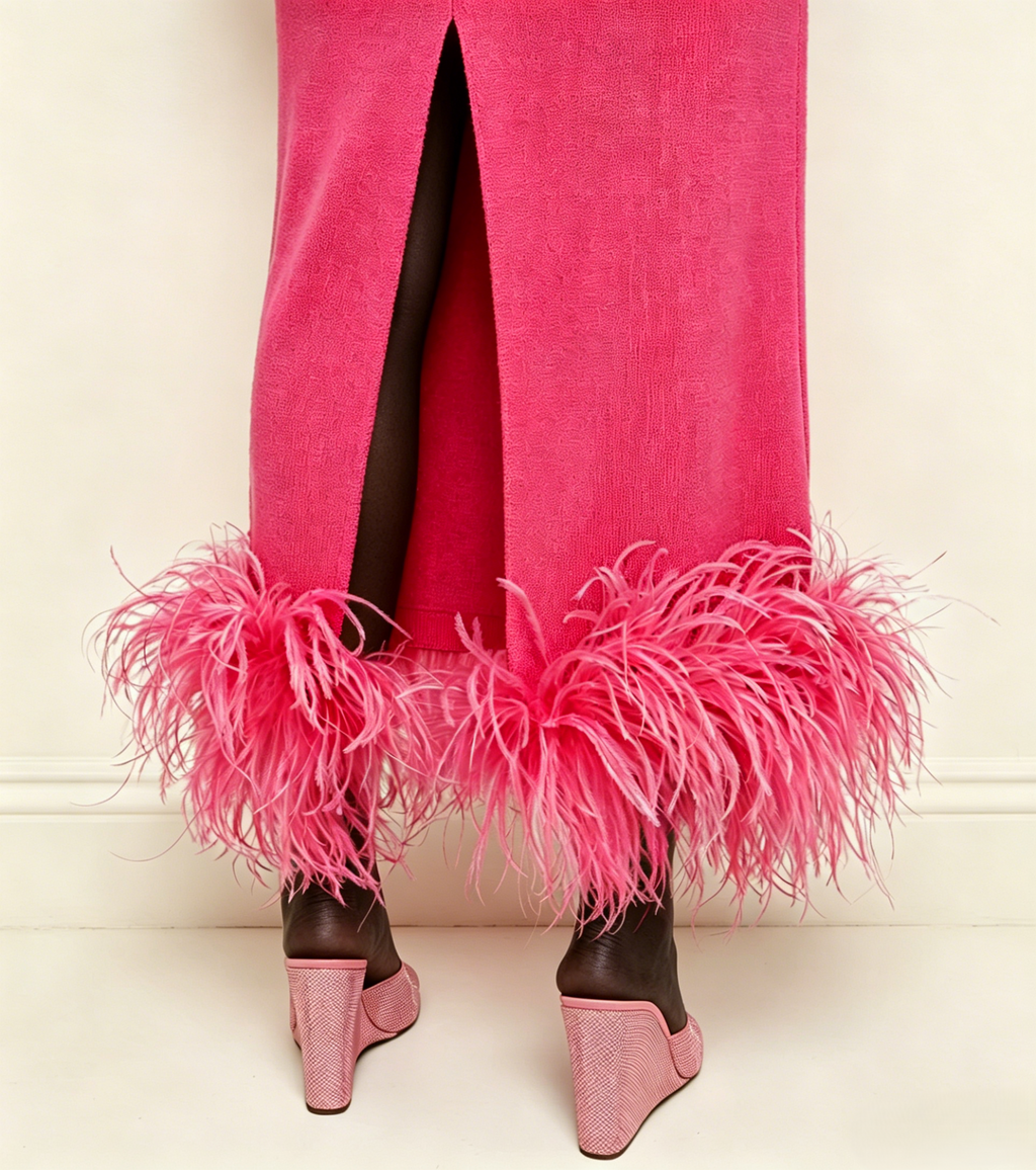 Hot Pink Feather Trim Midi Dress