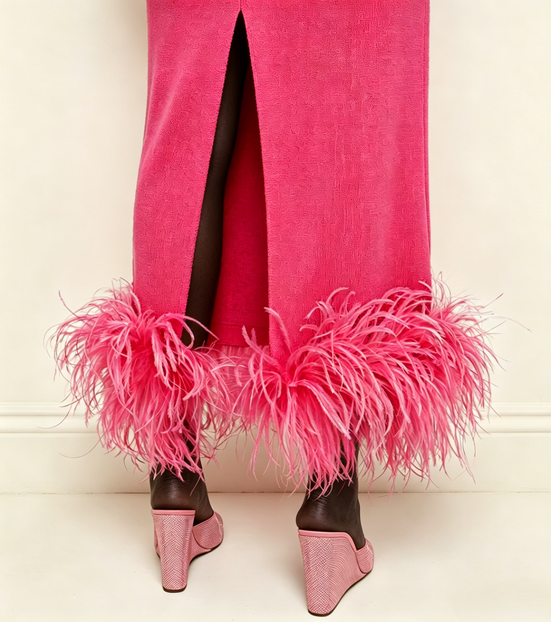 Hot Pink Feather Trim Midi Dress