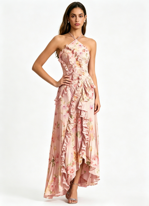 Flower Pleated Halter Vacation Dress