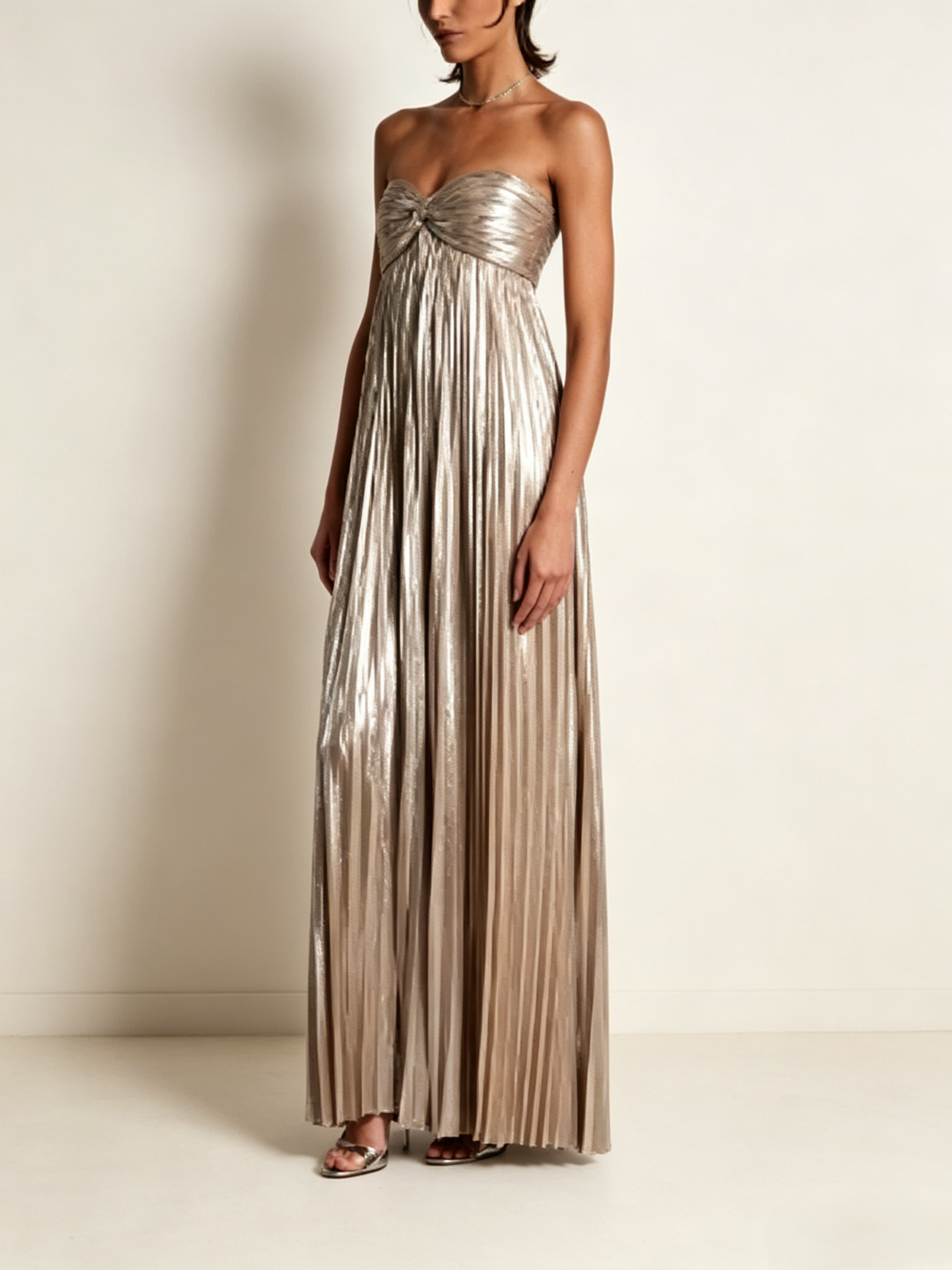 Metallic Pleated Strapless Maxi Dress