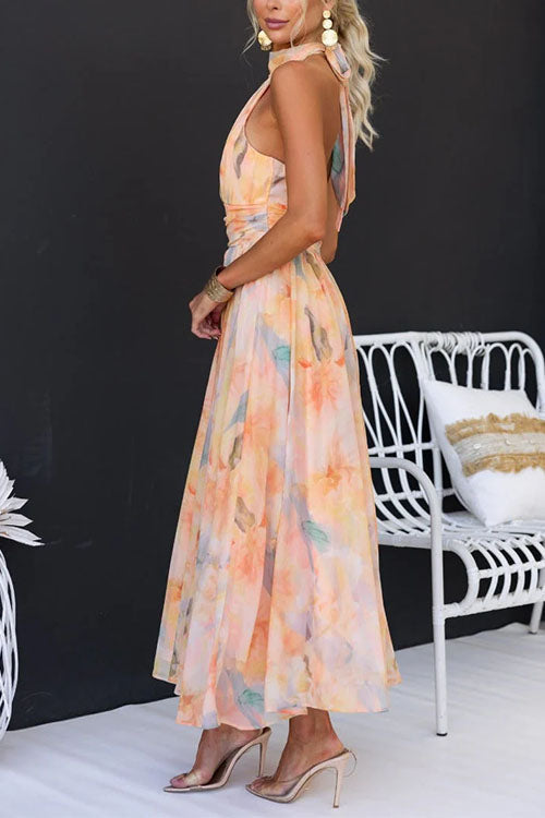 Abstract Floral Halter Maxi Dress