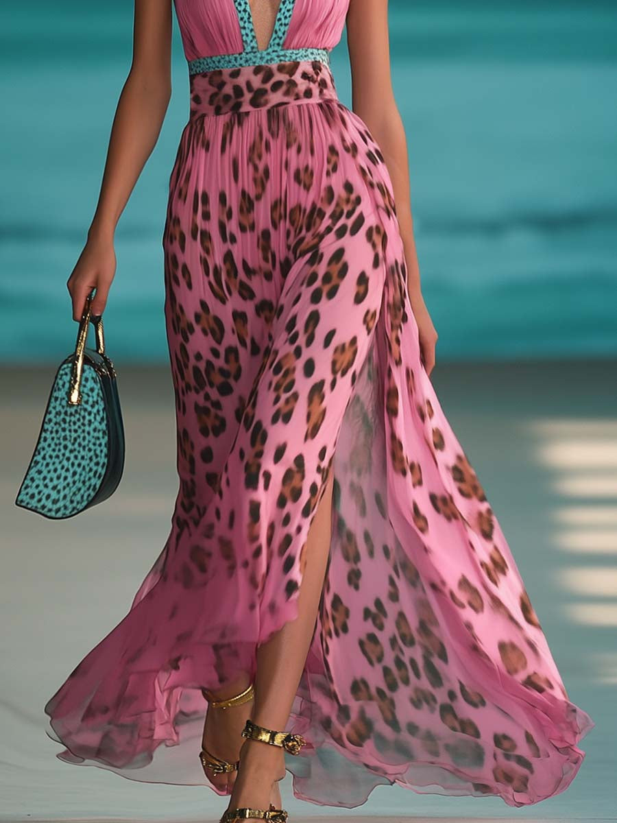 Leopard Print Halter Maxi Dress