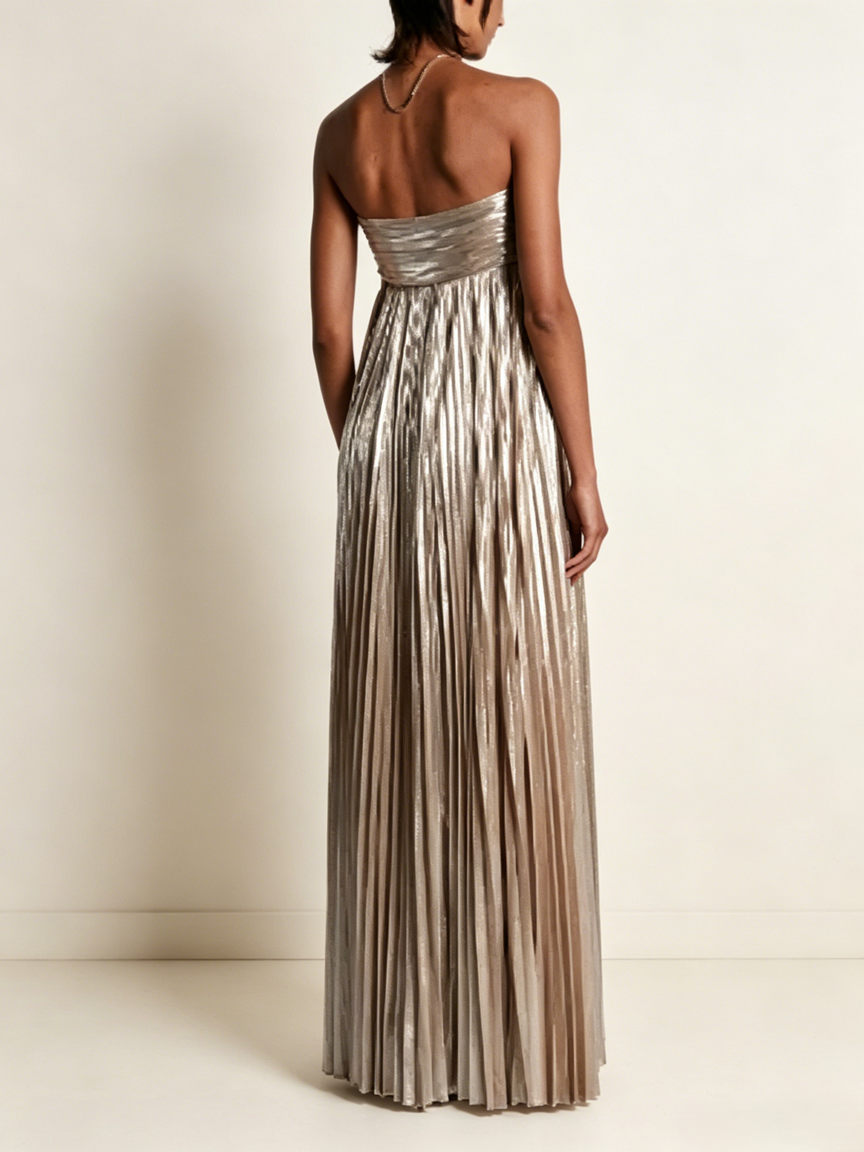 Metallic Pleated Strapless Maxi Dress