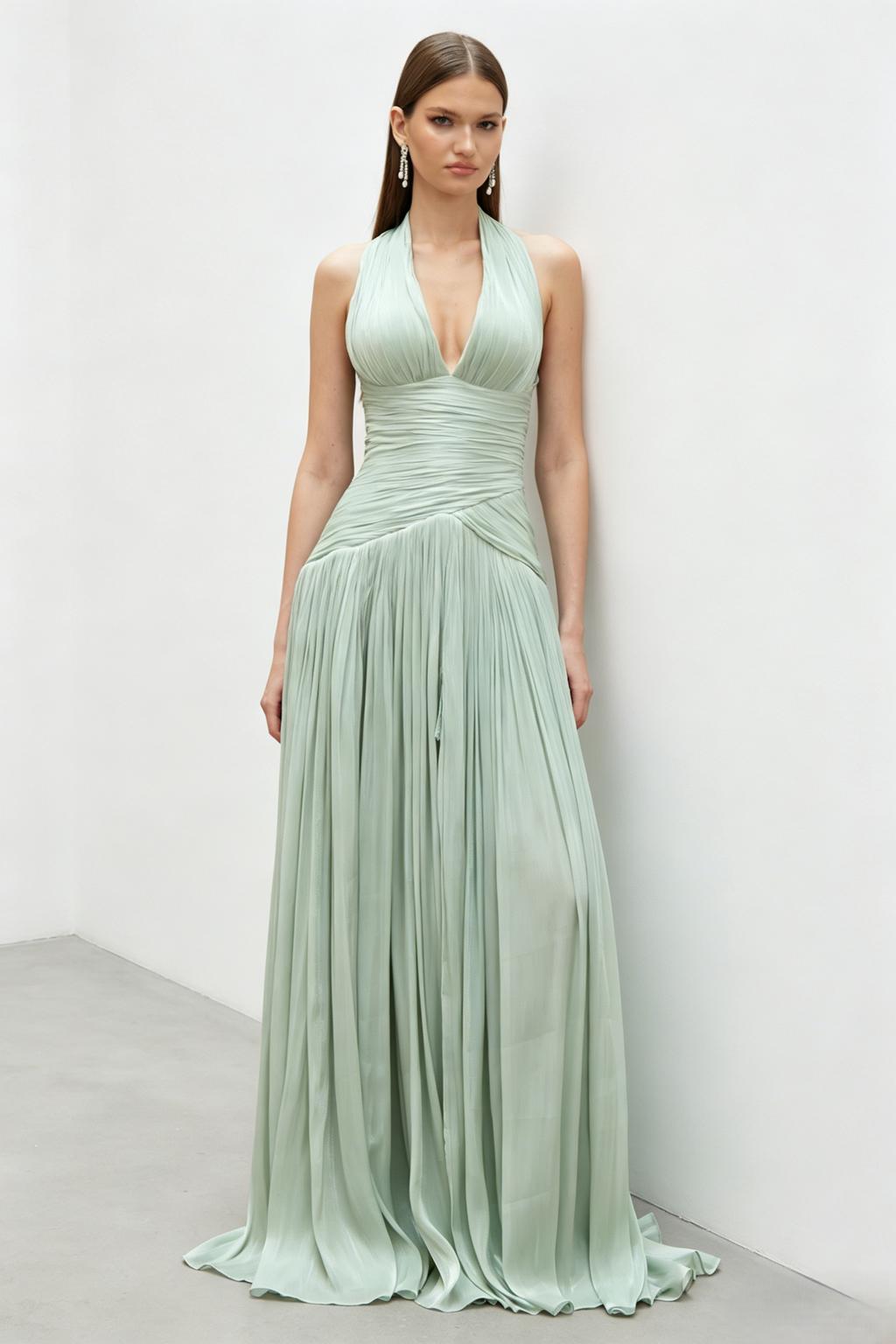 V Neck Pleated Chiffon Maxi Gown