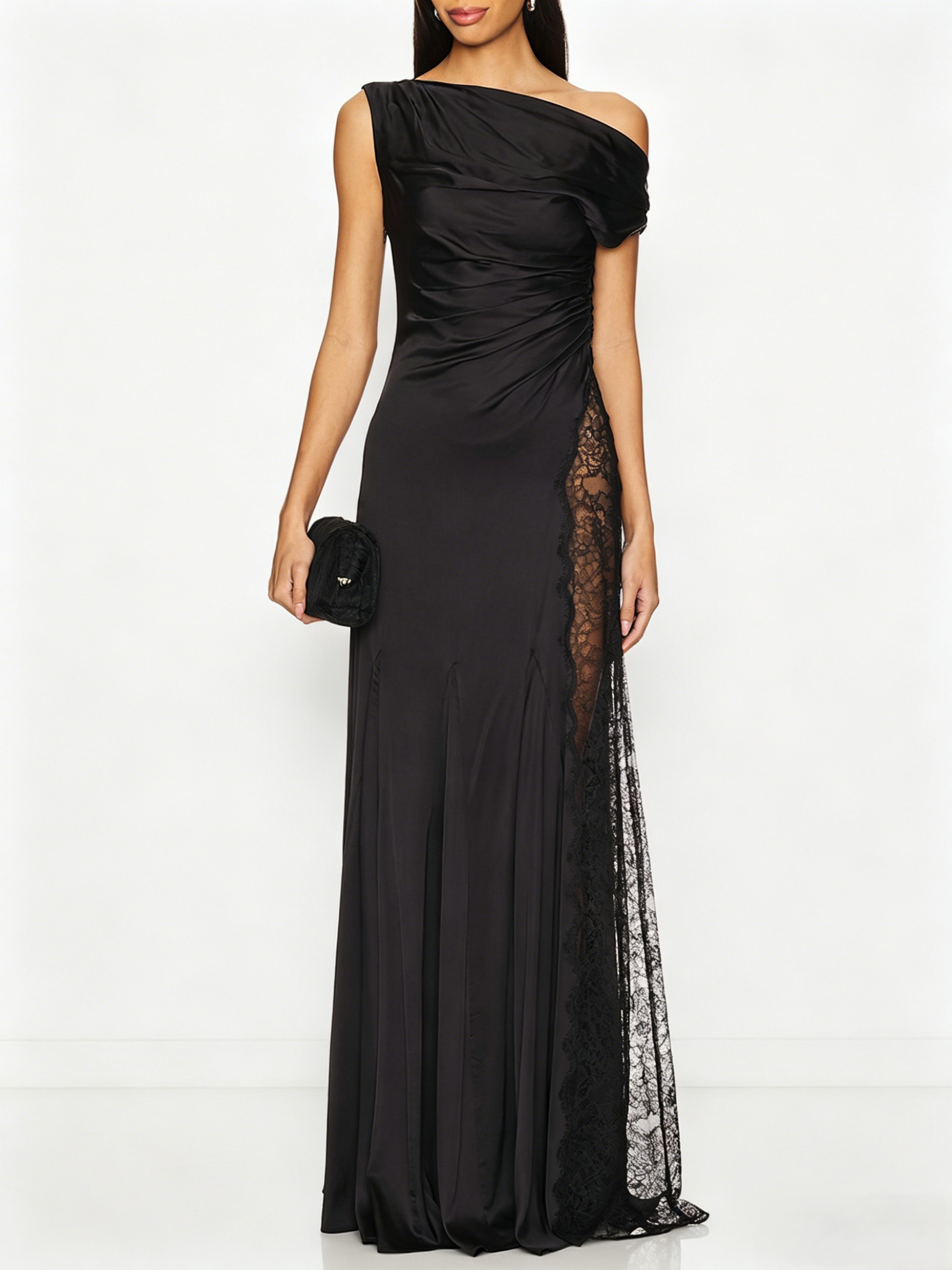 Asymmetrical Neck Black Satin Maxi Dress
