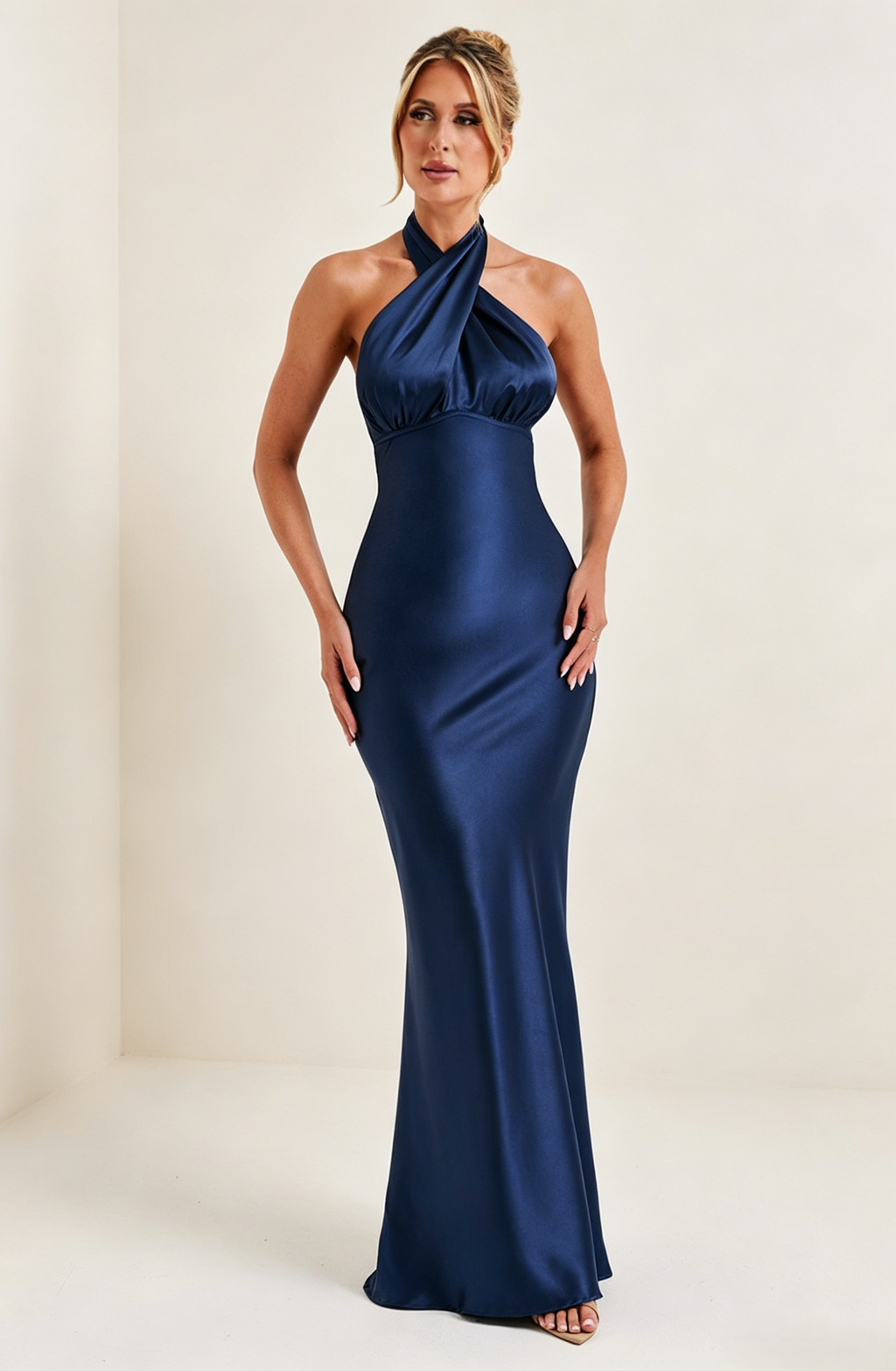 Navy Blue Backless Satin Halter Maxi Dress