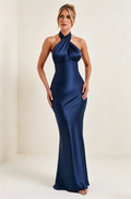 Navy Blue Backless Satin Halter Maxi Dress