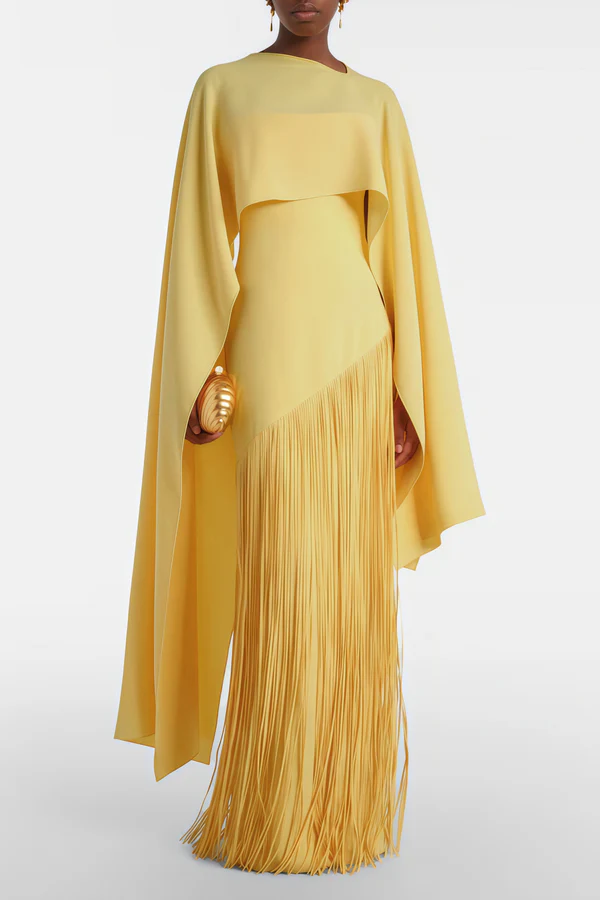 Elegant Blush Pink Cape Fringe Maxi Dress
