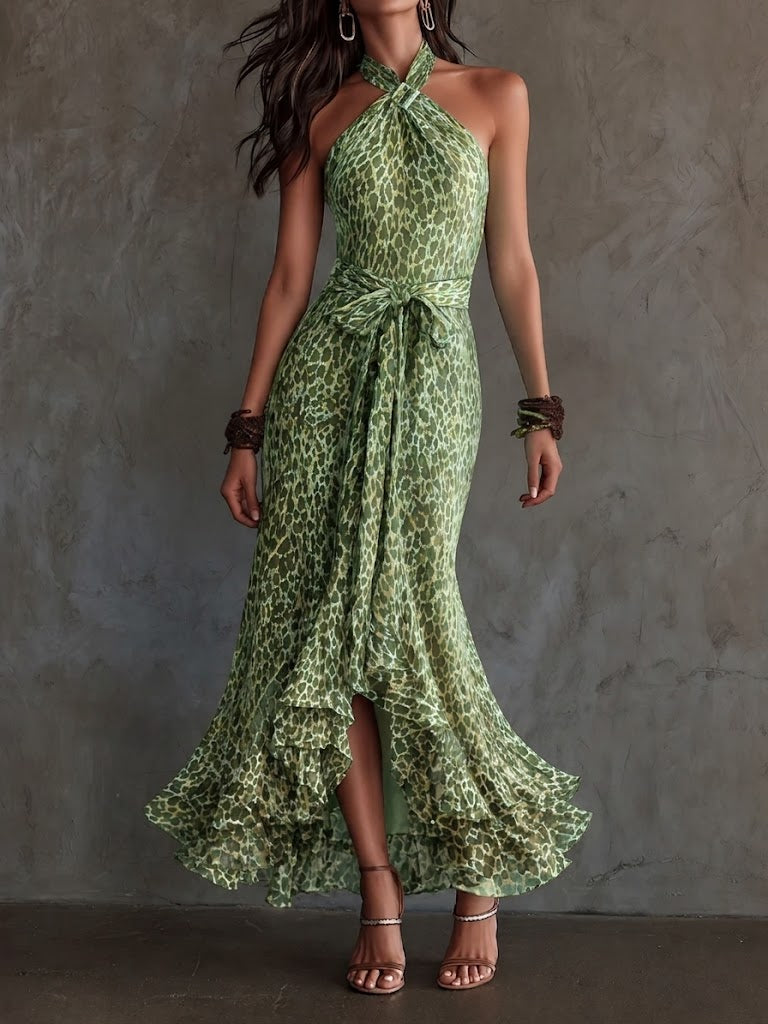 Leopard Print Halter Maxi Dress