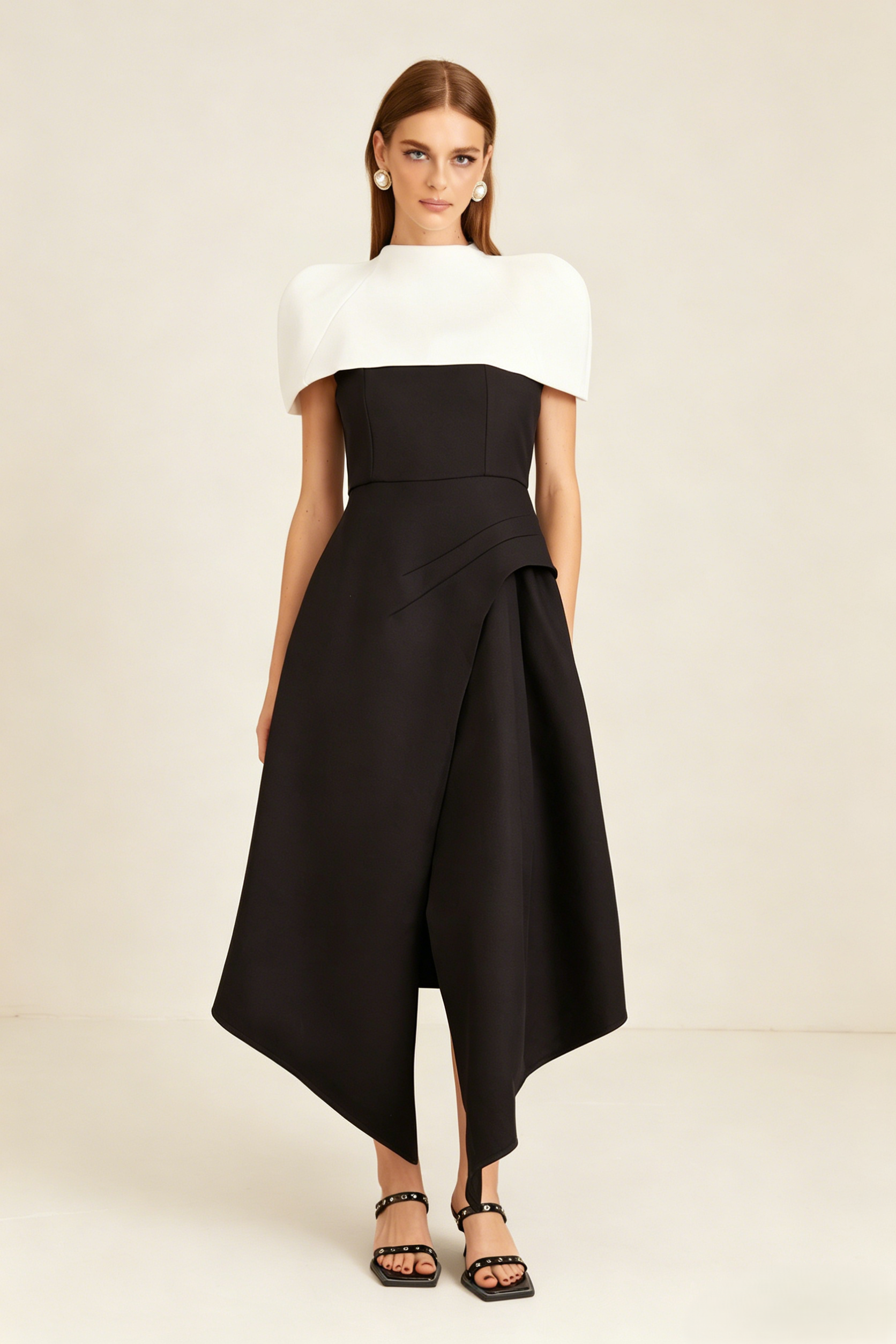 Modern Black and White Cape Dress