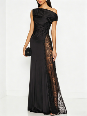 Asymmetrical Neck Black Satin Maxi Dress