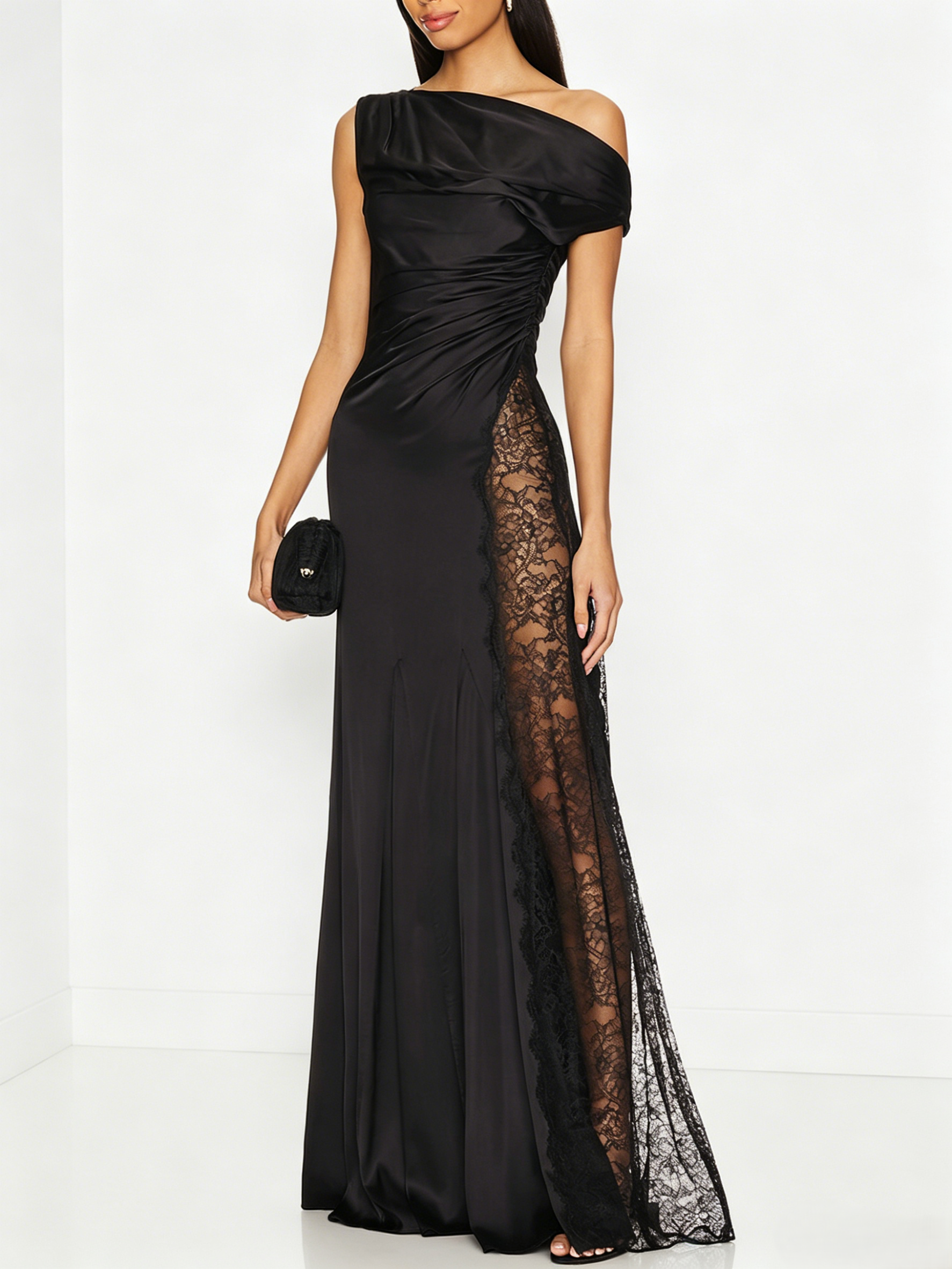 Asymmetrical Neck Black Satin Maxi Dress