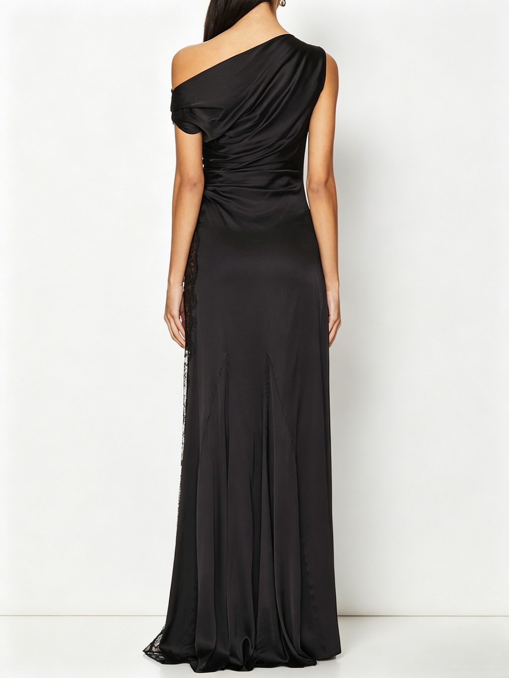 Asymmetrical Neck Black Satin Maxi Dress