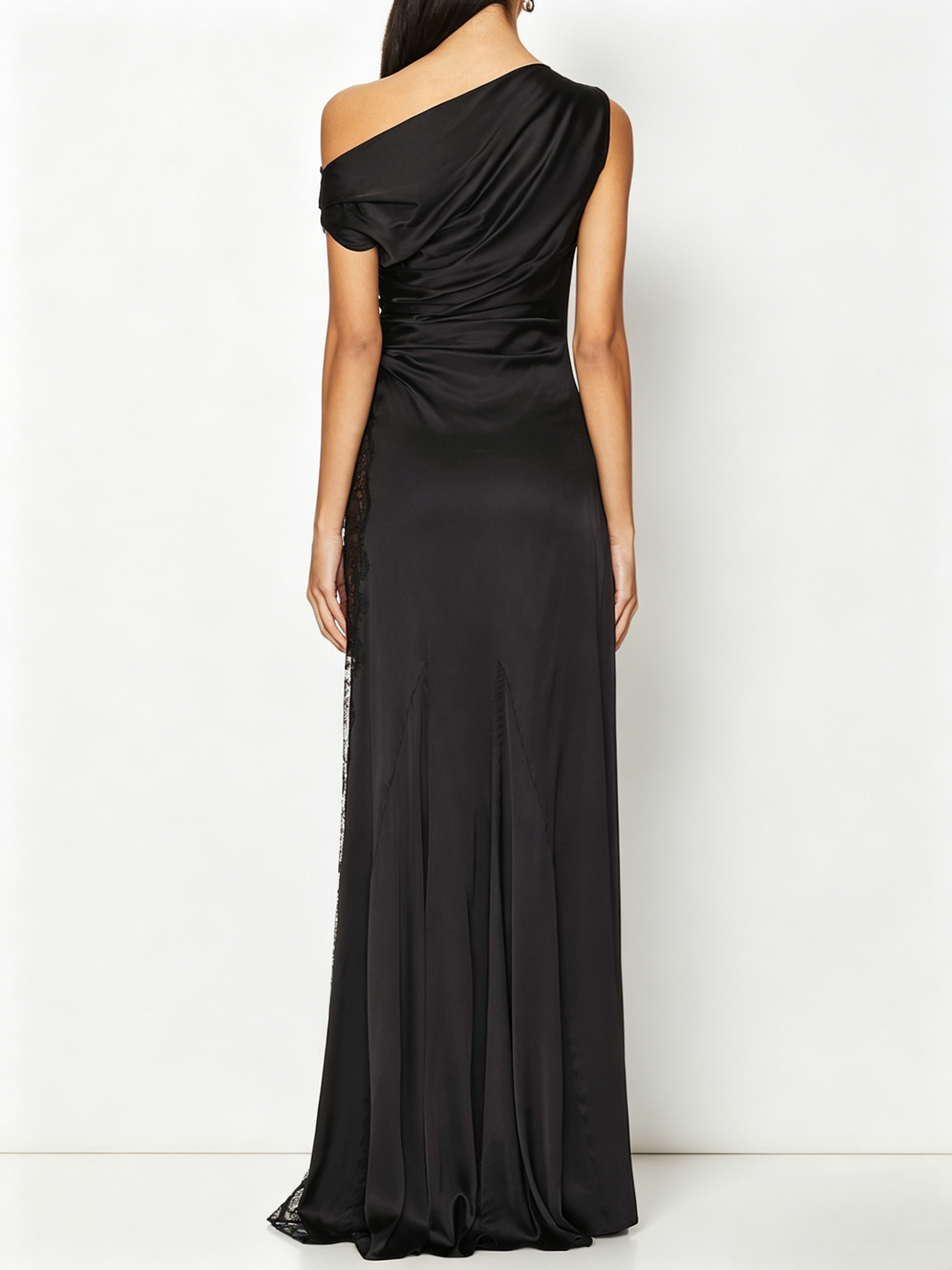 Asymmetrical Neck Black Satin Maxi Dress