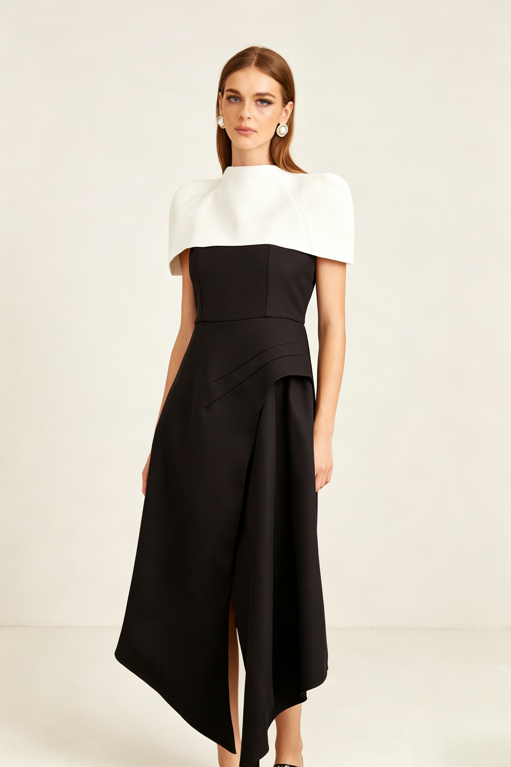 Modern Black and White Cape Dress