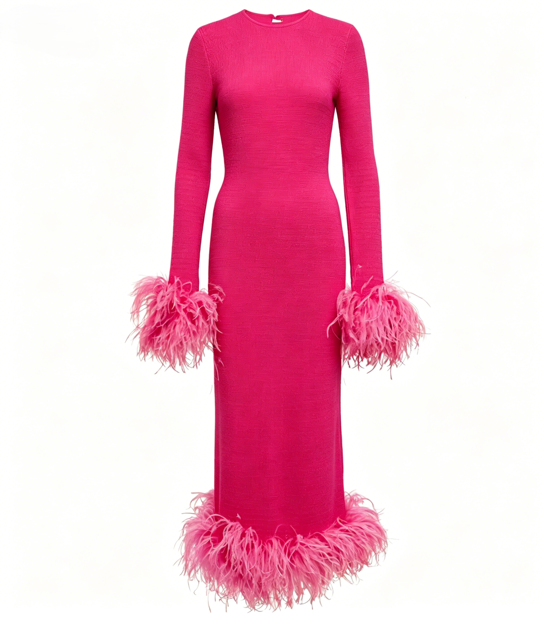 Hot Pink Feather Trim Midi Dress