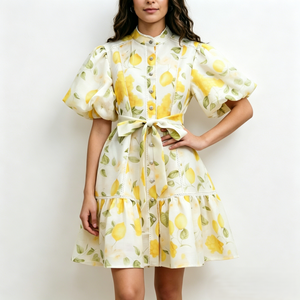 Lemon Print Puff Sleeve Mini Dress
