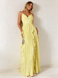 V Neck Yellow Flowy Chiffon Maxi Dress