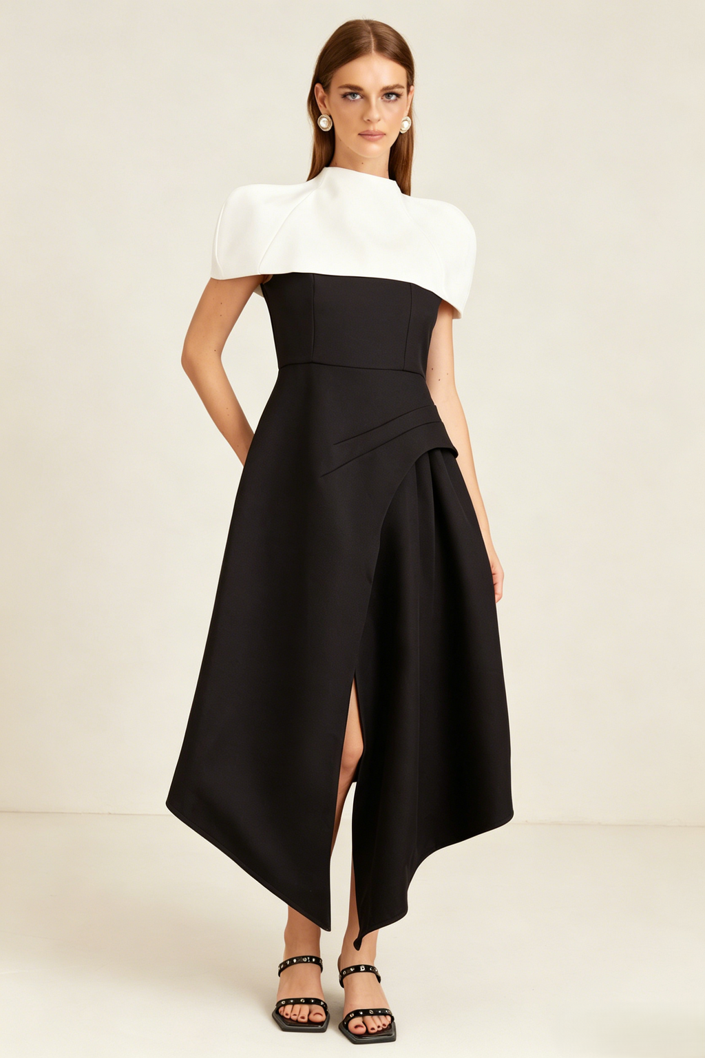 Modern Black and White Cape Dress