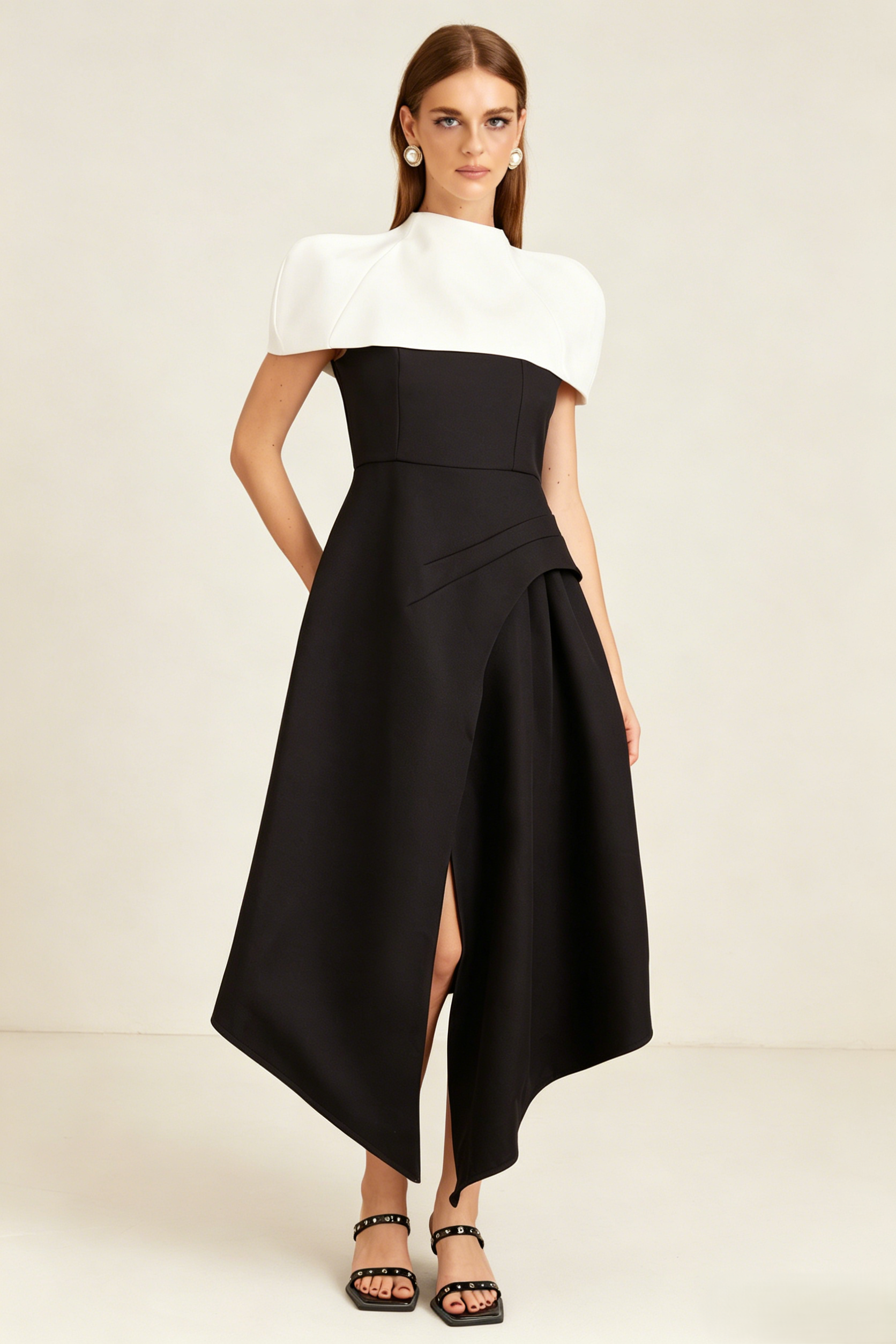 Modern Black and White Cape Dress