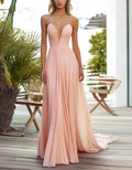Blush Pink Plunge Neck Pleated Chiffon Maxi Dress