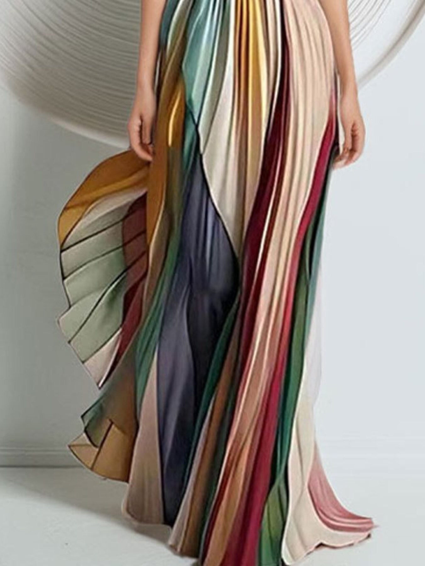 Multicolor Pleated Strapless Maxi Evening Dress