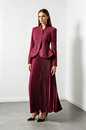 Burgundy Embroidered Tailored Blazer &Skirt