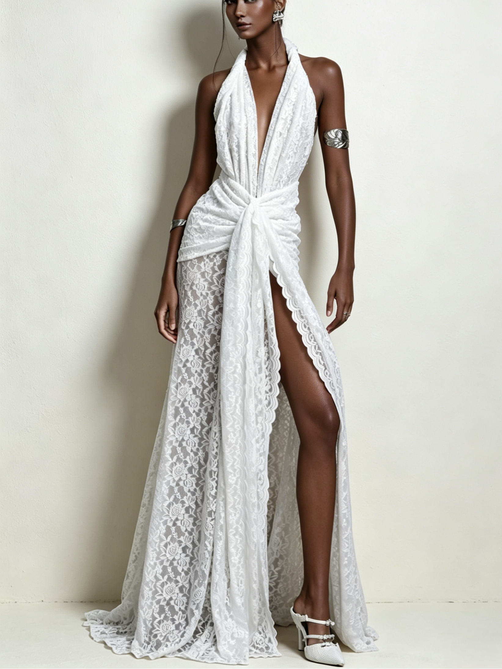 Plunging V-Neck Sheer Floor Length Bridal Gown