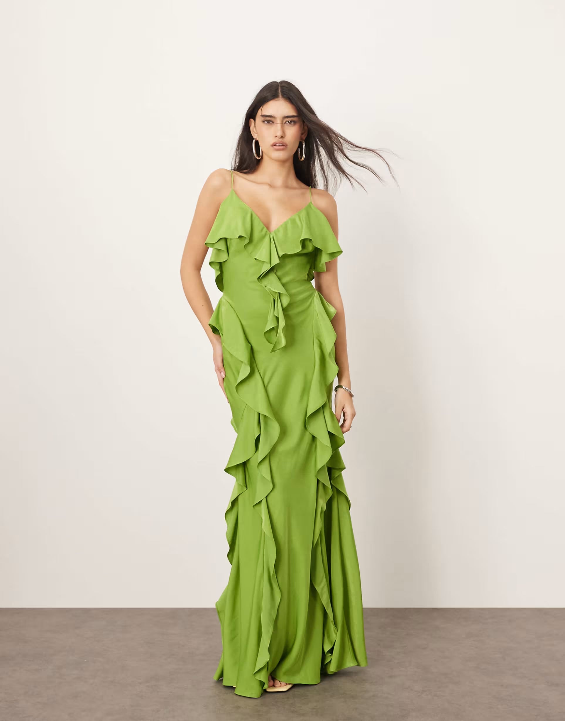Green Ruffle Tiered Spaghetti Strap Maxi Dress