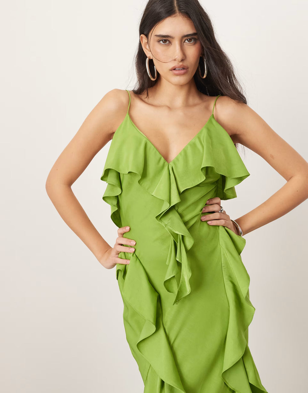 Green Ruffle Tiered Spaghetti Strap Maxi Dress