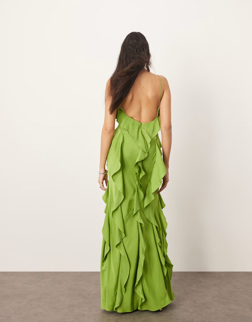 Green Ruffle Tiered Spaghetti Strap Maxi Dress